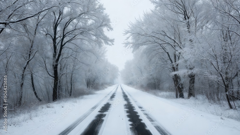 Obraz premium Serene snow-covered road through winter forest.