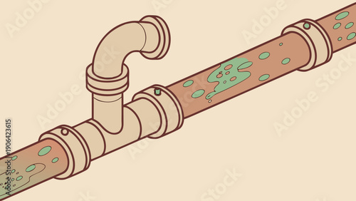 A vector graphic illustration of a dirty pipe with green mold and a side branch