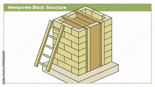 A vector graphic illustration of a hempcrete block structure with a ladder and wooden frame