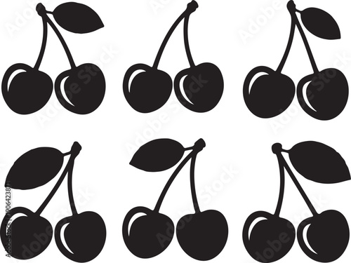 Black cherry silhouette set, fruit icon collection, Simple icon cherry Symbol
