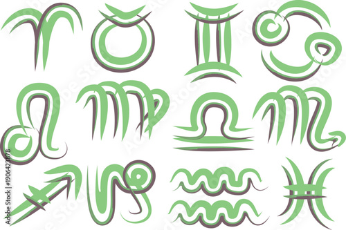 pastel green colorful double outline astrology signs set