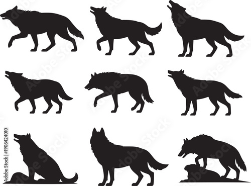 Wolf silhouettes set, large pack of vector silhouette design,Set of silhouette of a wolf howling at the moon

