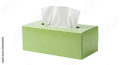 Green rectangular facial tissue box with white tissues on black background