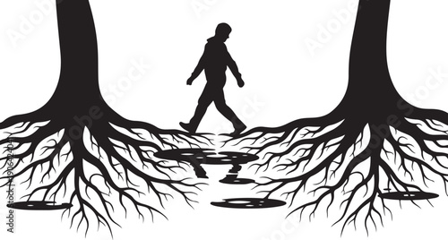 Silhouette of a person walking between two tree roots