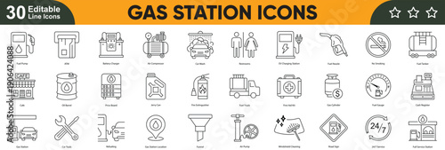 Gas station line icons set. Fuel pump, petrol, diesel, refueling, service station, energy, transportation, editable stroke vector pack.