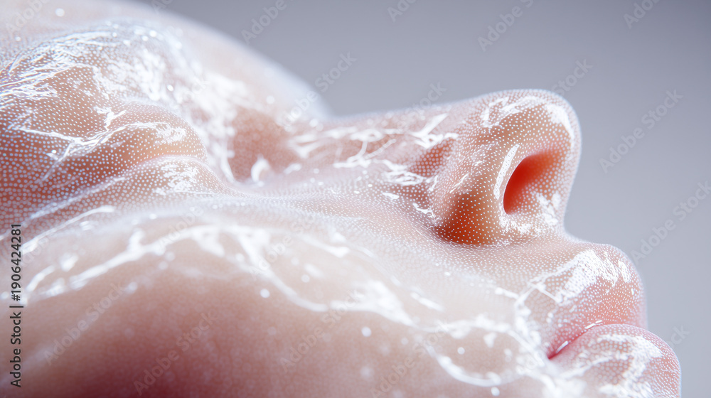 Fototapeta premium Artificial facial skin implant nose ear cellular structure. Synthetic biological tissue transplant biotechnology innovation. Regenerative medicine laboratory bioengineered membrane material surgery.