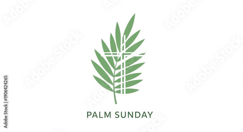 Palm sunday symbol with cross and green palm leaves on white background for religious holidays