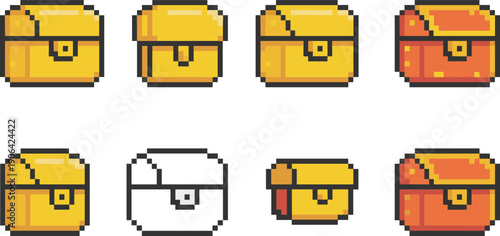 Pixel art treasure chest icon set colorful game reward boxes retro 8 bit style fantasy loot collection isolated on white background