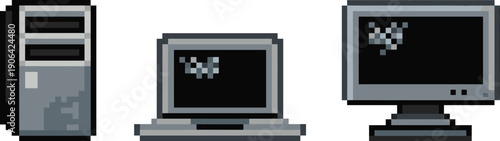 Pixel art computer devices icon set with desktop tower laptop and monitor retro technology workstation and digital hardware concept isolated on white background