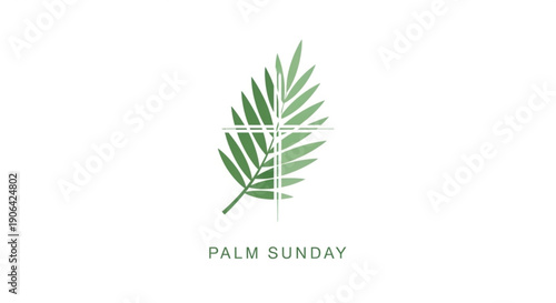 Palm sunday logo with green palm leaf and cross on white background symbolizing faith and spirituality