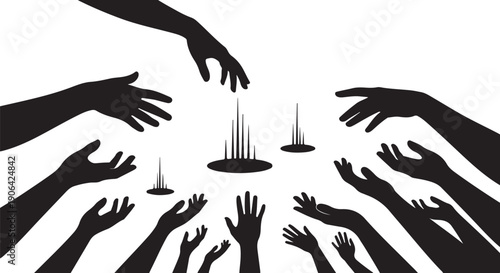 Silhouette of multiple hands reaching for city skylines together