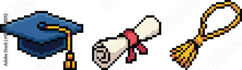 Pixel art graduation icons with mortarboard diploma and tassel education achievement university success and academic celebration concept isolated on white background