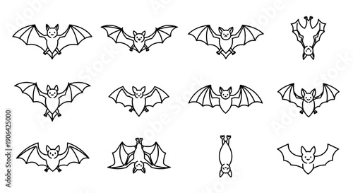 Outline bat icon set black vector line art halloween bats