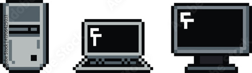 Pixel art computer devices icon set with desktop tower laptop and monitor retro technology workspace and digital equipment concept isolated on white background