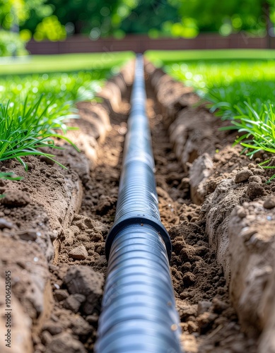 Irrigation pipes laid in soil trench before grass cover in garden preparation