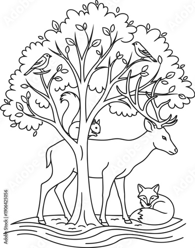 A simple line drawing of a tree with a small animal resting beneath its branches.