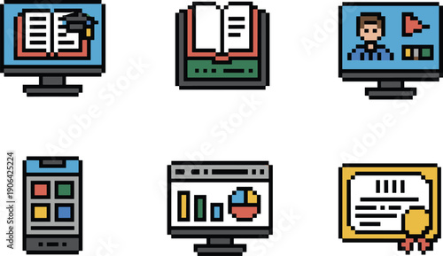Pixel art e learning and online course icon set with ebook video tutorial mobile app analytics dashboard and digital certificate symbols isolated on white background