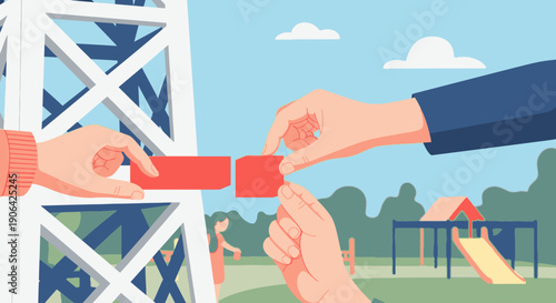 Hands collaboratively connect red blocks, symbolizing teamwork, unity, and the collective effort essential for successful project completion.