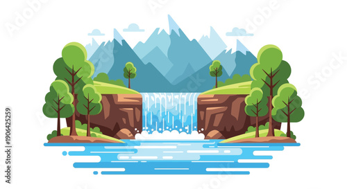 A vibrant landscape illustration depicts a waterfall nestled between mountains trees and a river on transparent background silhouette high quality professional