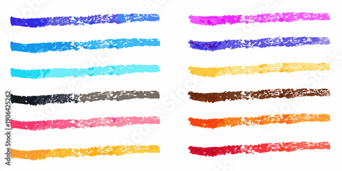 Colorful crayon strokes arranged in horizontal lines on white background