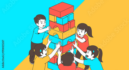 A diverse group of children enthusiastically collaborates to construct a towering structure of colorful blocks, demonstrating excellent teamwork and shared effort in a vibrant, playful setting.