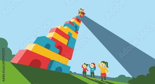 Young children observe a towering, colorful block structure, symbolizing the exciting journey of ambition, teamwork, and achieving significant goals.