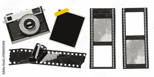 Vintage camera film strips and a black card in a retro illustration