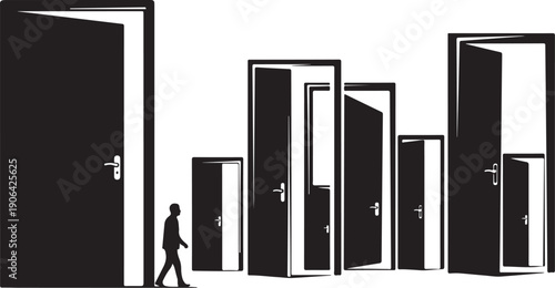 Man walking towards multiple open doors of opportunity concept