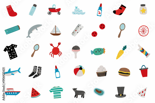 A colorful collection of illustrated objects including toys and everyday items