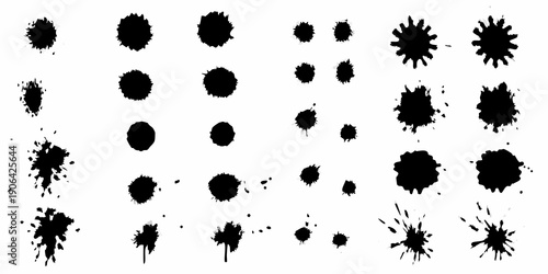 Collection of abstract black ink splatters and droplet shapes on white
