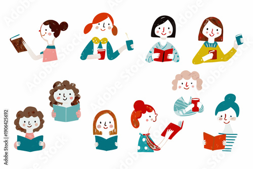 Diverse group of cartoon children reading books and enjoying learning