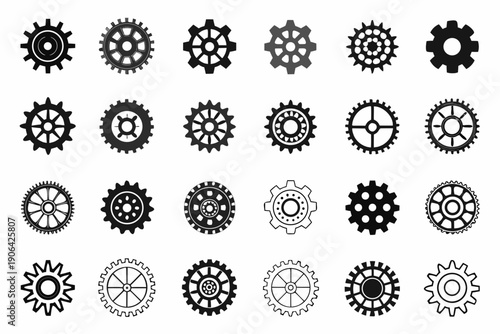 Collection of various black and white gear icons arranged in a grid pattern