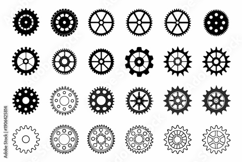 Collection of various black and white gear icons and mechanical elements