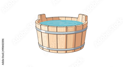 A detailed illustration of a wooden bucket filled with water ideal for design projects on transparent background silhouette high quality professional