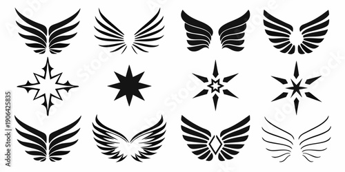 Collection of black wing and star shaped graphic design elements
