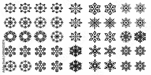 Collection of intricate black and white snowflake designs arranged in a grid
