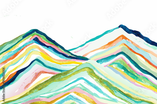 Colorful watercolor painting depicting abstract layered mountain peaks