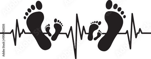 Family Footprints and Heartbeat Silhouette Illustration