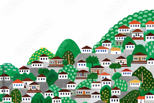 Colorful illustration of a hillside town with numerous small houses