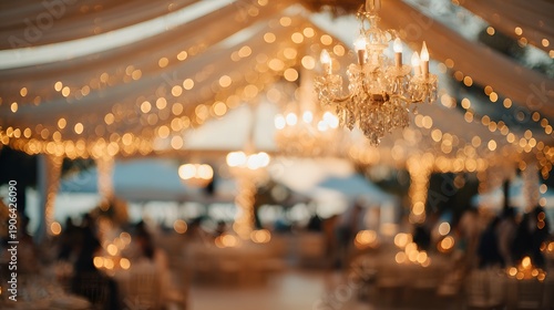Blurred Background of Elegant Wedding Reception with Chandelier and String Lights.