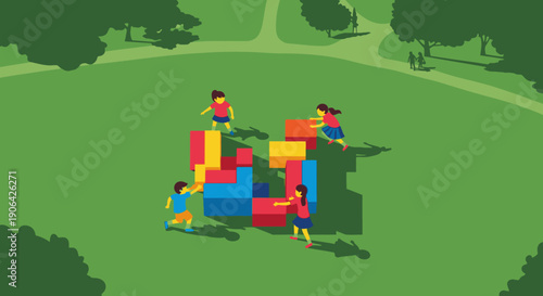 Diverse young children are actively engaged in cooperative outdoor play, assembling colorful building blocks on a bright green lawn, fostering creativity and teamwork.