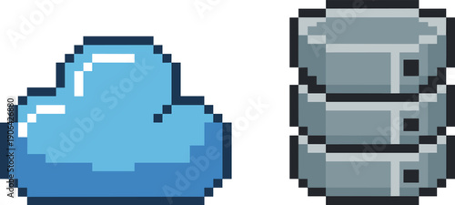 Pixel art cloud computing and server database icons set with data storage cloud technology and network infrastructure concept isolated on white background