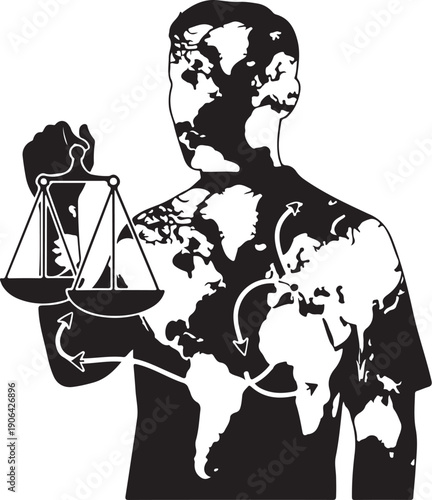 Man holding scales of justice with world map silhouette