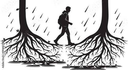 Man walking between two trees in the rain silhouette