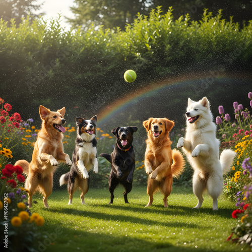 Wallpaper Mural Playful dogs are joyfully jumping around in the garden Torontodigital.ca