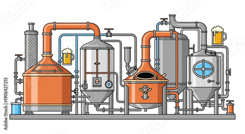 Detailed illustration of a brewery system with pipes tanks and beer glasses on transparent background silhouette high quality professional detailed modern