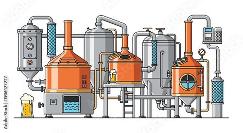 Detailed illustration of a brewery system with vats pipes and machinery on transparent background silhouette high quality professional detailed modern elegant