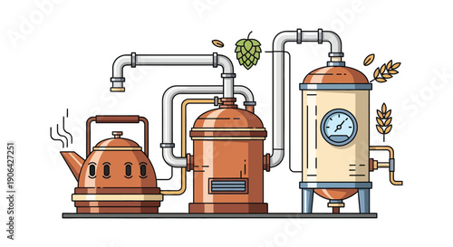 An illustrated brewery setup with pipes tanks and hop cones perfect for design projects on transparent background silhouette high quality professional