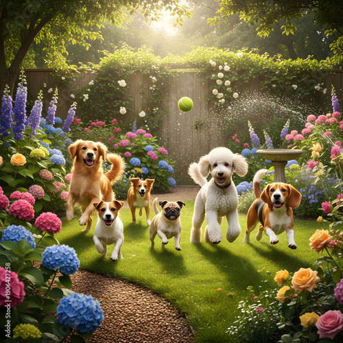 Wallpaper Mural Playful dogs are joyfully jumping around in the garden Torontodigital.ca