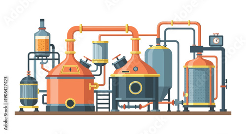 Detailed illustration of brewing machinery with interconnected vats pipes and gauges on transparent background silhouette high quality professional detailed modern elegant